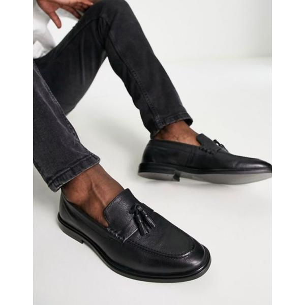 ウォークロンドン メンズ スリッポン ローファー シューズ Walk London 激安挑戦中 West In Black Loafers Pebble Leather Tassel