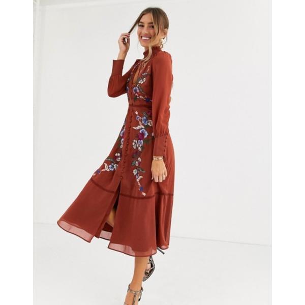 ホープ アイビー レディース ワンピース トップス セール Hope Amp In Orange Ivy Embroidered Dress Midaxi Burnt