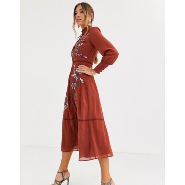ホープ アイビー レディース ワンピース トップス セール Hope Amp In Orange Ivy Embroidered Dress Midaxi Burnt