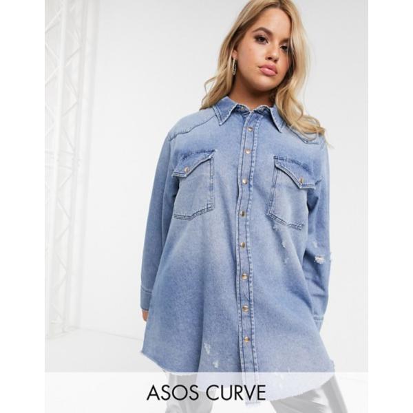 エイソス レディース シャツ トップス Asos Design Curve Vintage 激安通販専門店 Blue Midwash Shirt Denim Oversized In