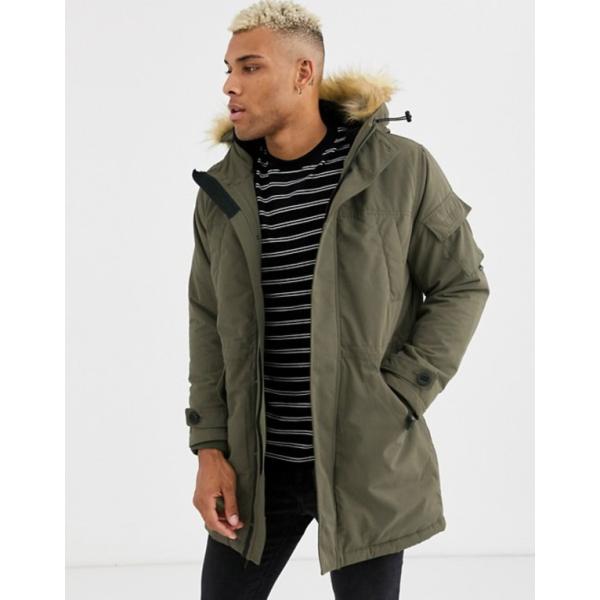 ベルシュカ メンズ おすすめ パーカー スウェット アウター Bershka Parka With And In Hood Khaki Lined Detachable Fur Fleece