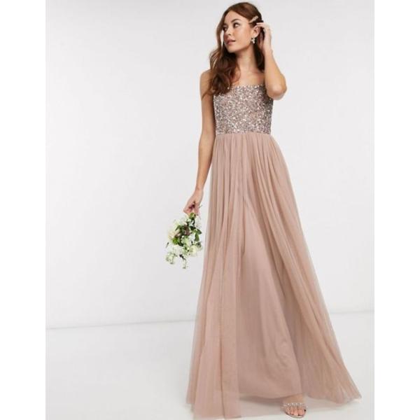 マヤ レディース ワンピース トップス Maya Bridesmaid Sleeveless Square Neck Maxi Sequin Blush Delicate Tonal 毎日がバーゲンセール Tulle Overlay In Dress Taupe With