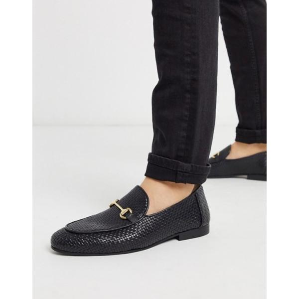 激安価格と即納で通信販売 ウォークロンドン メンズ スリッポン ローファー シューズ Walk London Jacob Leather Loafers In Black Woven