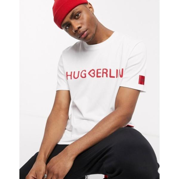 フューゴ メンズ Tシャツ トップス Hugo Drosal Berlin Heart Logo T Shirt In White Aogu Or