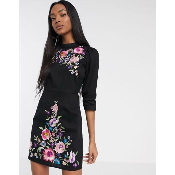 エイソス レディース 直営限定アウトレット ワンピース トップス Asos Design High Dress Mini In Embroidered Neck Black