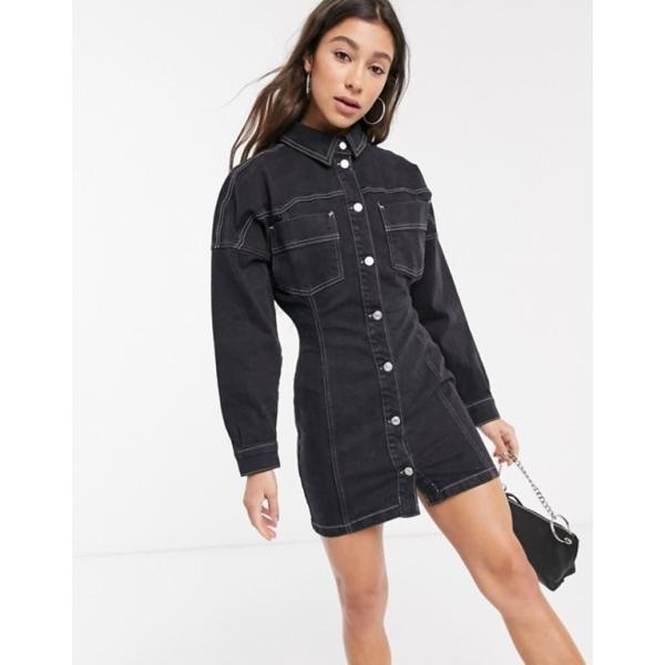 トップショップ レディース ワンピース トップス Topshop Denim Mini 信憑 With Contrast Black In Dress Stitch