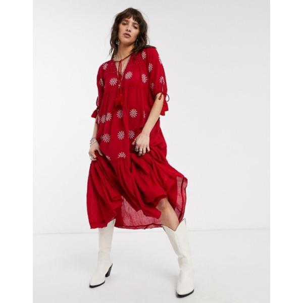 フリーピープル レディース ワンピース トップス 超特価 Free People Dress V Red Maxi In Embroidered
