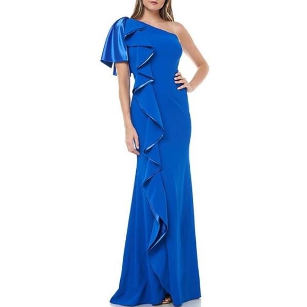 レディース ワンピース Crepe One One Shoulder カルメンマークヴァルヴォ Satin Ruffle Sleeve Lined Column Front トップス Flutter Satin Crepe Gown