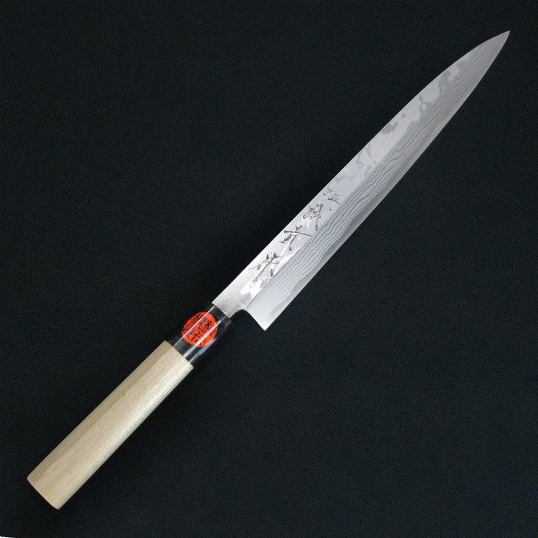 柳刃包丁 田中一之刃物製作所 誠貴作 積層鋼 240mm 青紙ダマスカス鋼