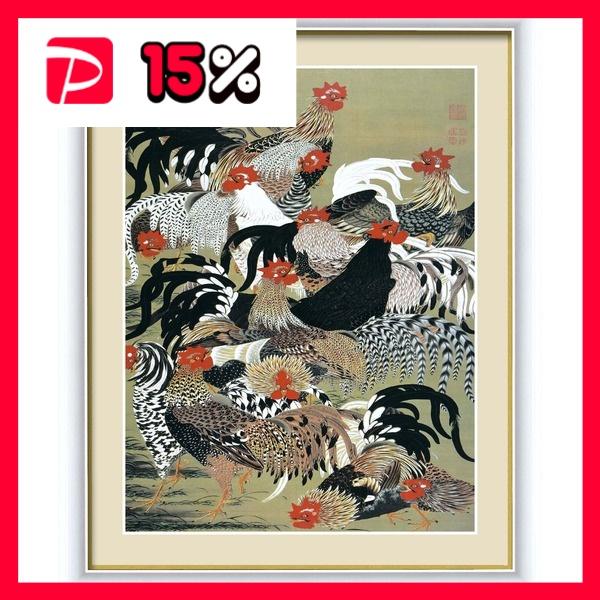 伊藤若冲 額装品 白 〔 F6号 群鶏図 〕 若冲 鳳凰 旭日 動植綵絵額 群