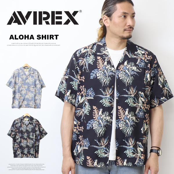 新品 アヴィレックス ゴルフ サマーガール総柄 ストレッチ アロハシャツ M 紺 ALOHA SHIRT 