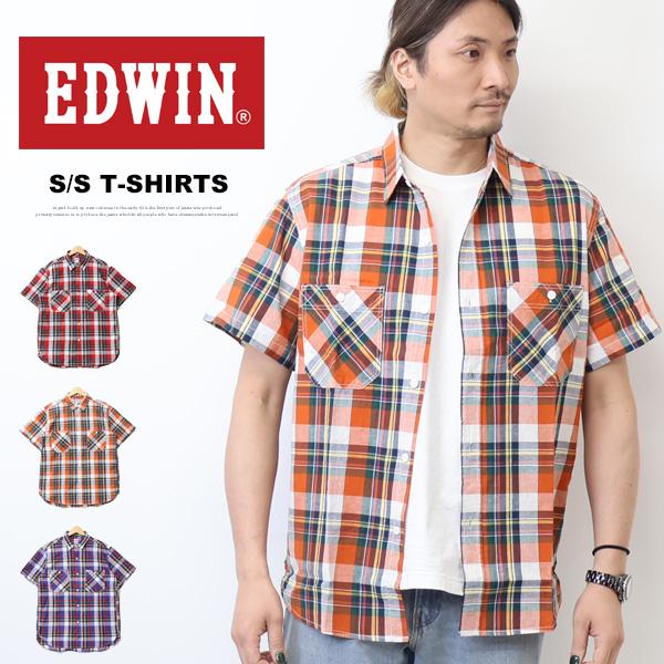 EDWIN（エドウィン） 半袖 ワークシャツ 綿麻 チェックシャツ 半袖