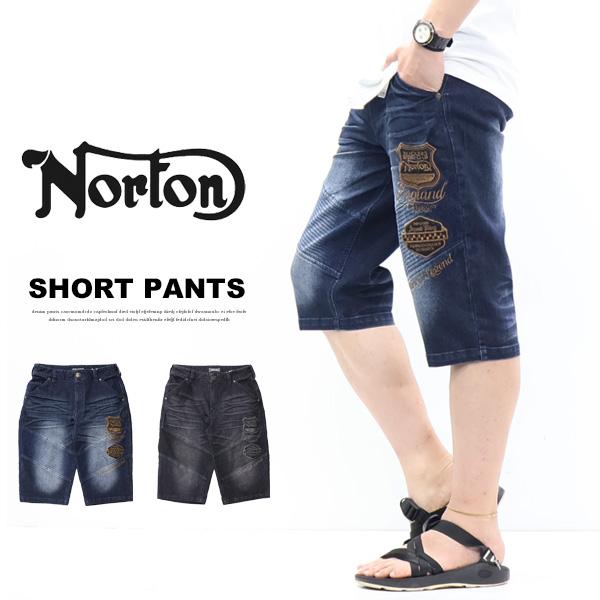 ノートン（NORTON） 刺繍 ストレッチデニム ライダースショーツ ヒザ下