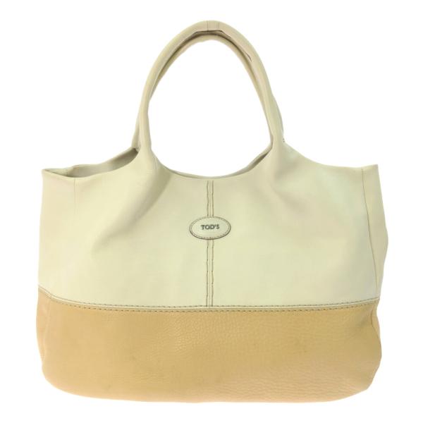 アクオ 　TOD'S ベージュ レザー トートバッグ　ジレリ TOD'S トッズ バイカラー レザー トートバッグ ハンドバッグ/PD26