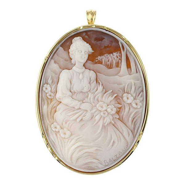 シェルカメオ Balzano/バルザーノ 花を持つ女性 ブローチ ペンダント