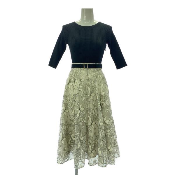 Rirandture７分袖チュールレースドッキングワンピース　2 J-27 美品 リランドチュール 七分袖・コードチュールレースドッキングワンピース