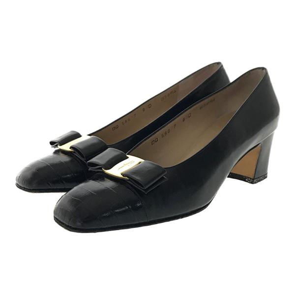 サルヴァトーレフェラガモ リボンパンプス 6 1/2D サルヴァトーレフェラガモ BIANCA・ヴァラリボン・型押しレザーコンビ