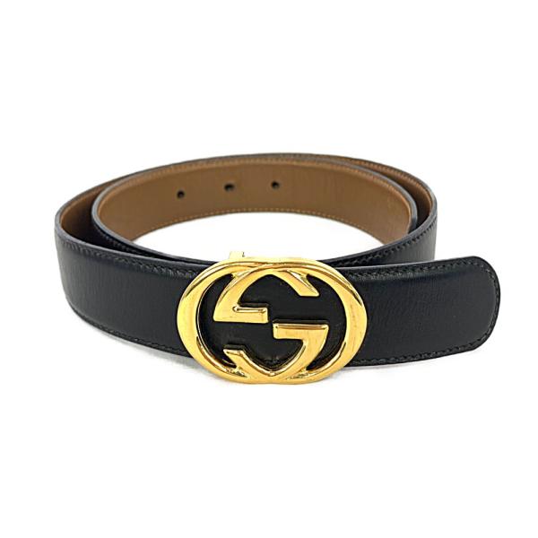 GUCCI✨ベルト　インターロッキング　レザー　ゴールド　ブラック　レディース インターロッキングG ディテール付き ベルト ・ブラック レザー