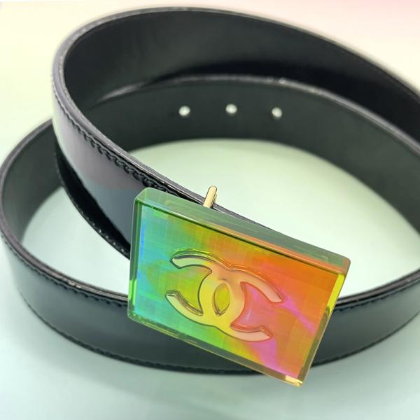 CHANEL ブラックレザーベルト ホログラムロゴプレート付き rfstore_xsla0069l