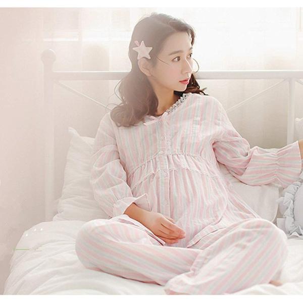 アビコabico マタニティ パジャマ 可愛い 春夏 レース Vネック ストライプ 2重ガーゼ 綿 授乳服 授乳口付き ウエスト調節 妊婦服 Manouvellevoiture Be