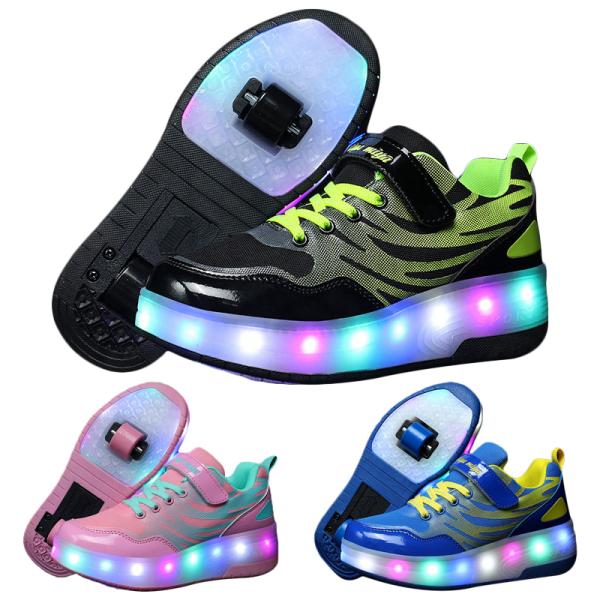 品番：amg02素材：表地：合成レザー、　　  ソール：TPR素材、PU輪バッテリー：USB充電式留め具のタイプ:マジックテープ原産国：中国カラー：ピンク+グリーン、ブルー＋イエロー、ブラック+イエロー参考サイズ：29/内寸18.5cm、3...