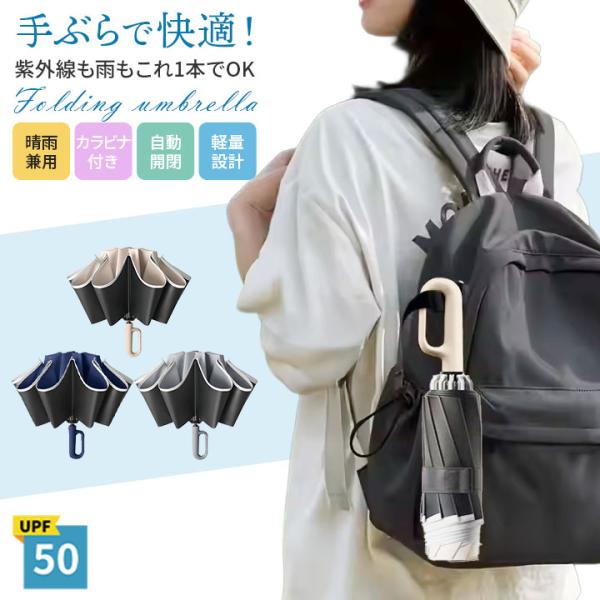 【サイズ】直径：約105cm（展開時）折りたたみ時：約28cm【素材】傘布：高密度ポリエステル（UVカット加工）骨組み：アルミ合金＋グラスファイバーハンドル：ABS樹脂（カラビナ付き）【重さ】約490g【カラー】・ベージュ・ネイビー・グレー...