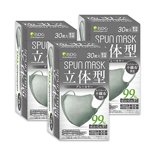 他サイト： 医食同源ドットコム iSDG90枚 30枚入x3箱 立体型スパンレース不織布カラーマスク SPUN MASK (スパンマスク) グレー 30枚入の商品画像