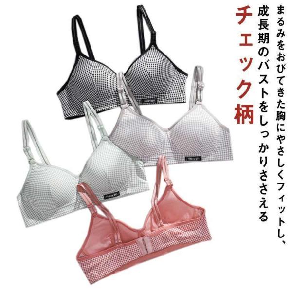 チェック柄 ノンワイヤー ブラ 中学生 黒 ブラジャー 高校生 大学生 女子 綿 薄手 通学 下着 ガールズ 女の子 春 単品 制服 肌着 インナー