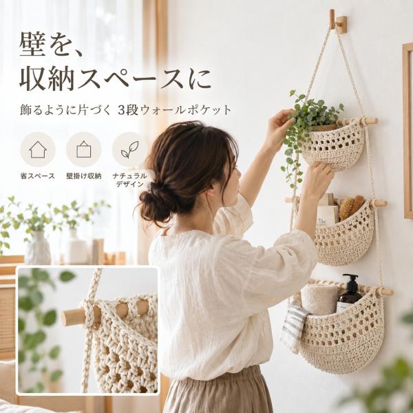ウォールポケット 壁掛け収納 吊り下げ収納 収納ポケット 壁掛けポケット ボヘミアン 収納 1段 3段 編み込み フリンジ 小物入れ 小物収納 雑貨収納