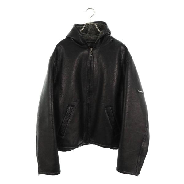 バレンシアガ サイズ:44  674316 TLS07 袖ロゴレザージップアップフード付レザーブルゾン 中古 SB01 BALENCIAGA（バレンシアガ） サイズ:44 674316 TLS07 袖ロゴレザー