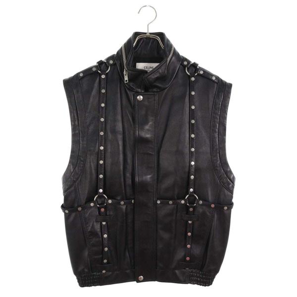 セリーヌ サイズ:46  2EB16280D スタッズ装飾ハーネスノースリーブレザージャケット 中古 SB01 CELINE（セリーヌ） レザージャケット サイズ:46 2EB16280D スタッズ