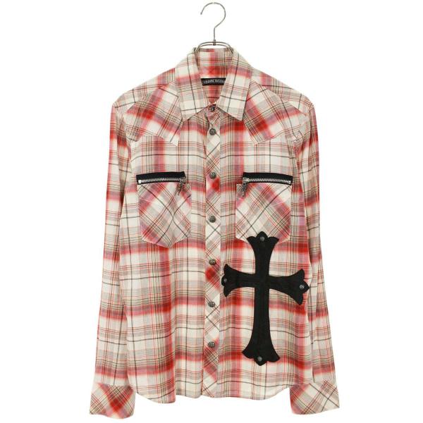 クロムハーツ サイズ:XS ラージクロスパッチ付きダガージップチェック長袖シャツ 中古 SJ02 CHROME HEARTS（クロムハーツ） 長袖シャツ サイズ:XS ラージクロス