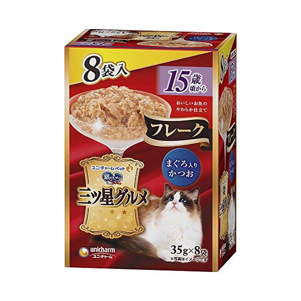 他サイト： 銀のスプーン キャットフード 三ツ星グルメパウチ フレーク15歳頃からまぐろ入りかつお 35g×8個の商品画像