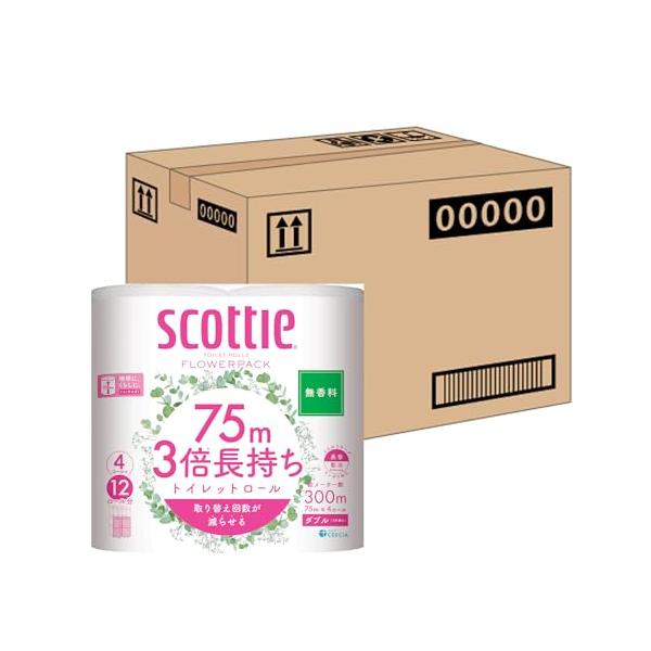 他サイト： ケース販売 スコッティ フラワーパック 3倍長持ち トイレット4ロール 75mダブル 無香料 ×12パック入りの商品画像
