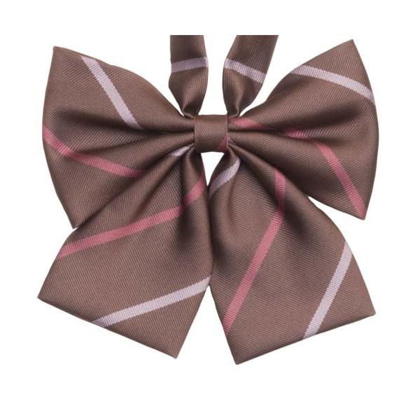 ブラウンにピンクのストライプ柄のリボンで、ゆるラフコーデを目指す☆「すとらいぷチョコ」素材：ポリエステル100%リボン：上羽根の横幅約13cm、ワンタッチで着脱可能なフック付き、首回りの長さは調節可能。