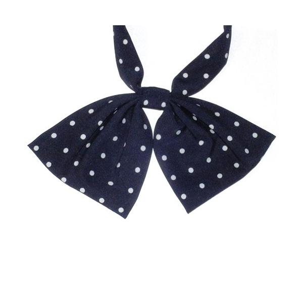 水玉模様の紺ダブル蝶タイです。素材：ポリエステル100%