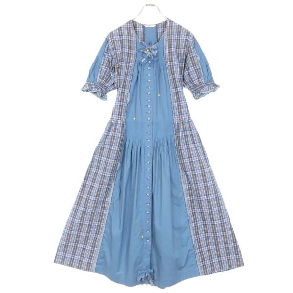 カネコイサオ/パッチワークモノトーンワンピース 茶モノトーン小薔薇×ニットパッチワークワンピース - ピンク