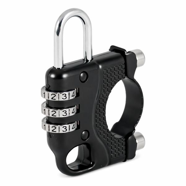 ヘルメットロック ダイヤル式 3桁 暗証番号 ヘルメットホルダー バイク 自転車 汎用 盗難防止 ハンドル パイプ ブラック 鍵不要 ダイヤルロック 南京錠