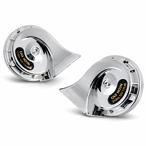 ホーン 12V 高音 低音 左右セット シルバー 汎用 カタツムリ型 スネール ヨーロピアンサウンド 115dB 車 バイク 補修 交換用 銀