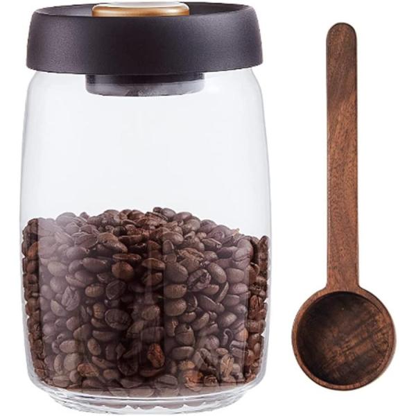 真空密閉ジャー ガラス コーヒーキャニスター コーヒー豆入れ容器 保存容器 茶葉入れ スパイスジャー 防湿 密閉 防水 耐熱ガラス 空瓶 コーヒースプーン