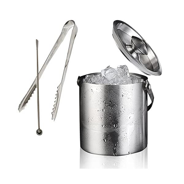 氷が溶けにくい!!アイスペール ステンレス304ボティの二重アイスペール。蓋つきの二重構造だから氷が長持ち!! アイスペールにとって必ず必要なトリオのセット!! フタつき2重アイスペールと日本製アイストング。更に両面使えるステンレスマドラー...