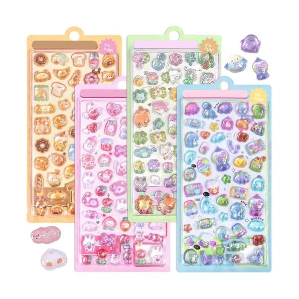 4枚セット 可愛いぷくぷくシール4枚セットで、各枚のセット約50個のぷっくりシールがあり、合計約200個の大容量です。ワンセットでさまざまなニーズを満たすことができます 豊富なパータン いちご、ねこ、食べ物、月、パン、くま、おにぎり、恐竜、...
