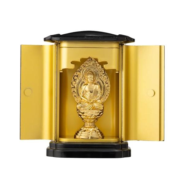 シリーズ：守護本尊 純金メッキ仕上げ PC厨子入り　約10ｃｍ 小スペースでも仏像を祀れる厨子をお付けして本体サイズ：高さ10.3*幅7.5*奥行5.5cm 厨子寸法 重さ：140ｇ　 *仏像単体サイズ：高さ7.0*幅3.3*奥行1.6*身...