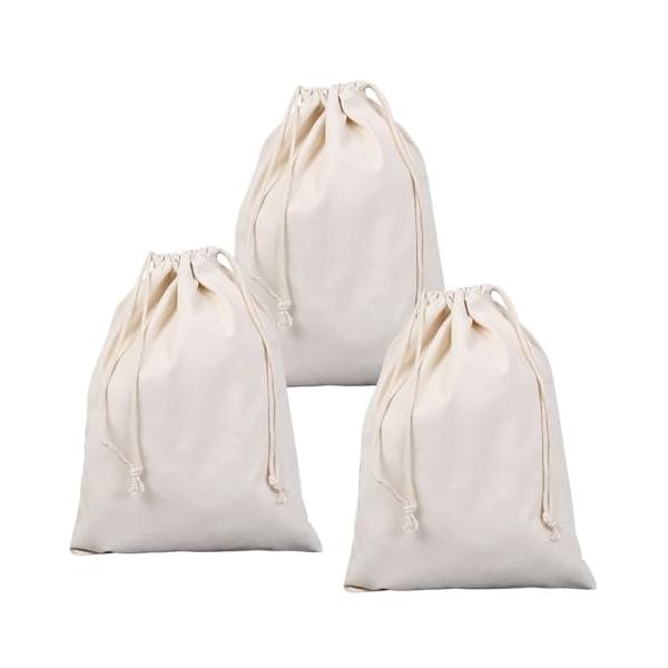 30*40cm大きめ巾着袋３枚セット 無地で大きいサイズの柔らかい紐付き綿麻袋です*  様々な場面で インナーバッグ、巾着バッグ 巾着ポーチ 、着替え袋、給食袋、旅行時などの収納袋、大きな袋が必要なとき、布用ペンでオリジナル布袋の制作など、...