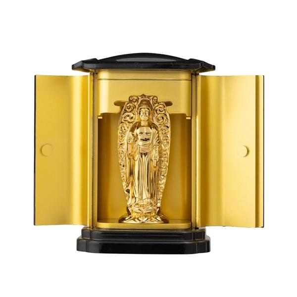 シリーズ：十二支の守護本尊 純金メッキ仕上げ PC厨子入り　約10ｃｍ 小スペースでも仏像を祀れる厨子をお付けして本体サイズ：高さ10.3*幅7.5*奥行5.5cm 厨子寸法 重さ：130ｇ　 *仏像単体サイズ：高さ7.3*幅2.8*奥行2...