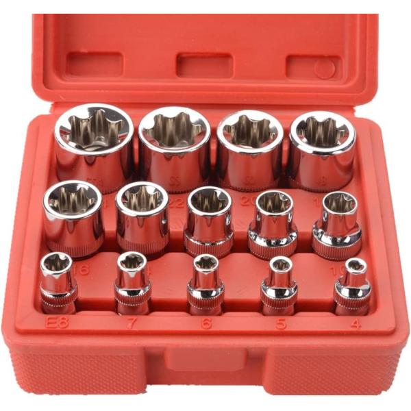 14点セット内容 差込角6.3mm(1/4")：E4、E5、E6、E7、E8 差込角10mm(3/8")：E10、E11、E12、E14、E16 差込角12.5mm(1/2")：E18、E20、E22、E24 収納ケース1点 品質が高い E...