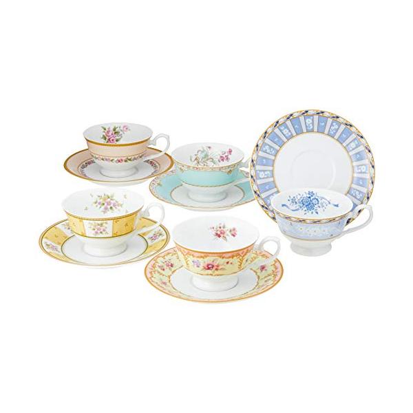 本体サイズ:(カップ)径97mm、長径120mm、高さ60mm、容量190cc、(ソーサー)径157mm、高さ19mm素材:一般磁器原産国:日本セット内容:ティーカップ&amp;ソーサー 190cc*5(アソート)その他:電子レンジ温め使用...