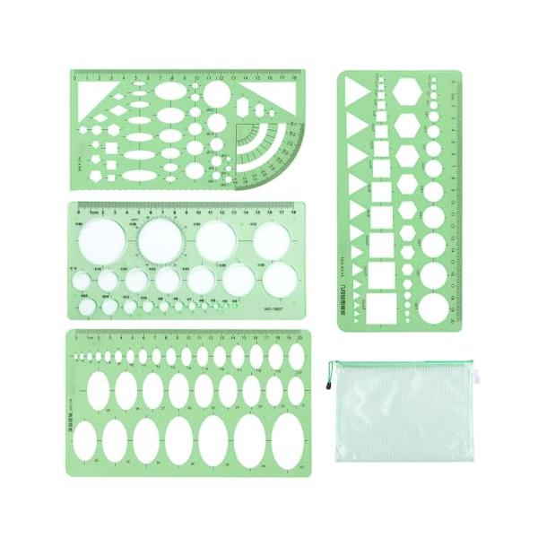 商品仕様 図面テンプレート*4、収納袋*1、材質：プラスチック、カラー：グリン 透明 。 読みやすい 透明度も高いプラスチックを主な素材に使用しています、カラーは図面の文字や線が読みやすく、プラスチック素材のテンプレートですので、使用後は水...