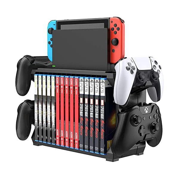 多機能縦置きスタンド for Switch Xbox PS4 PS5 15枚ゲームソフト収納 大容量 Switch/PS4/PS5/Xbox コントローラー ゲームヘッドセット 収納ラック 収納棚 組立簡単 快速整理 展示用スタンドゲーム/...