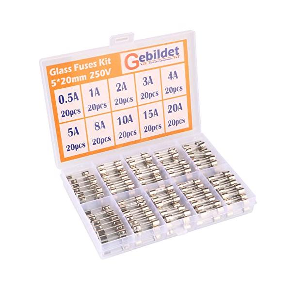 電気ヒューズアンプファストブローボックス内のガラスヒューズ自動車、バイク等のヒューズ切れの交換用に セット内容 0.5A,1A,2A,3A,4A,5A,8A,10A,15A,20A各20本 合計200本入りサイズ：約5*20mm鉛フリー、R...